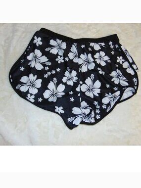 Tiger Swim Board Shorts Womens XL Black White Floral Swim Bottoms Elastic Waist